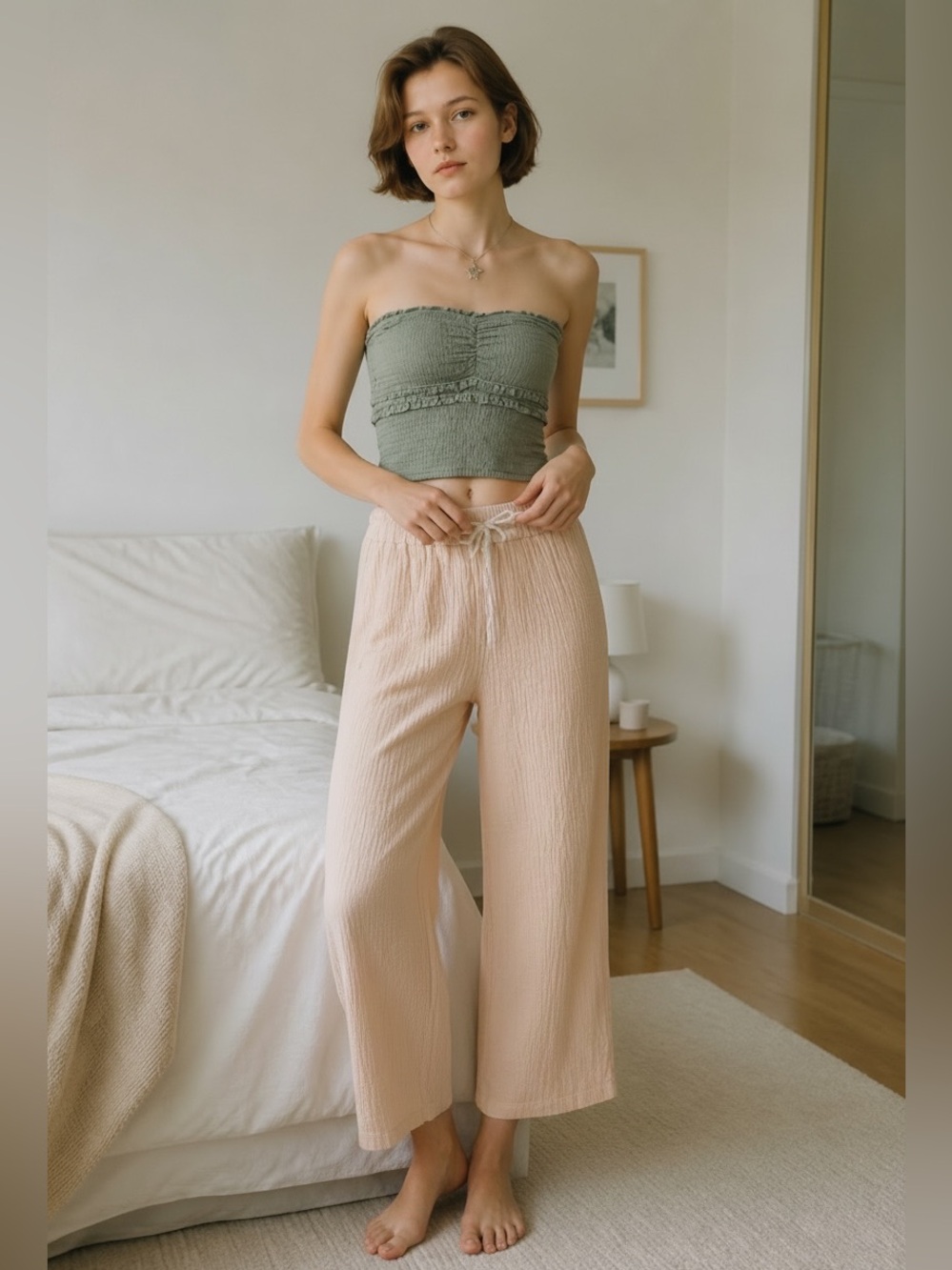 Cotton Double Gauze Wide Leg Pants Size Small Cream